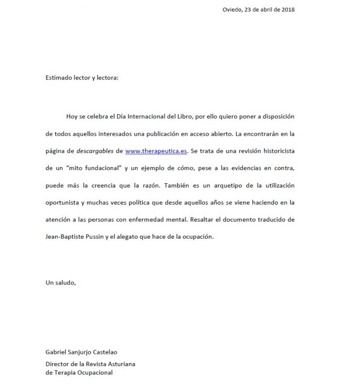 Philippe Pinel y Terapia Ocupacional: Mitos, leyendas, hechos y evidencias. Gabriel Sanjurjo Castelao